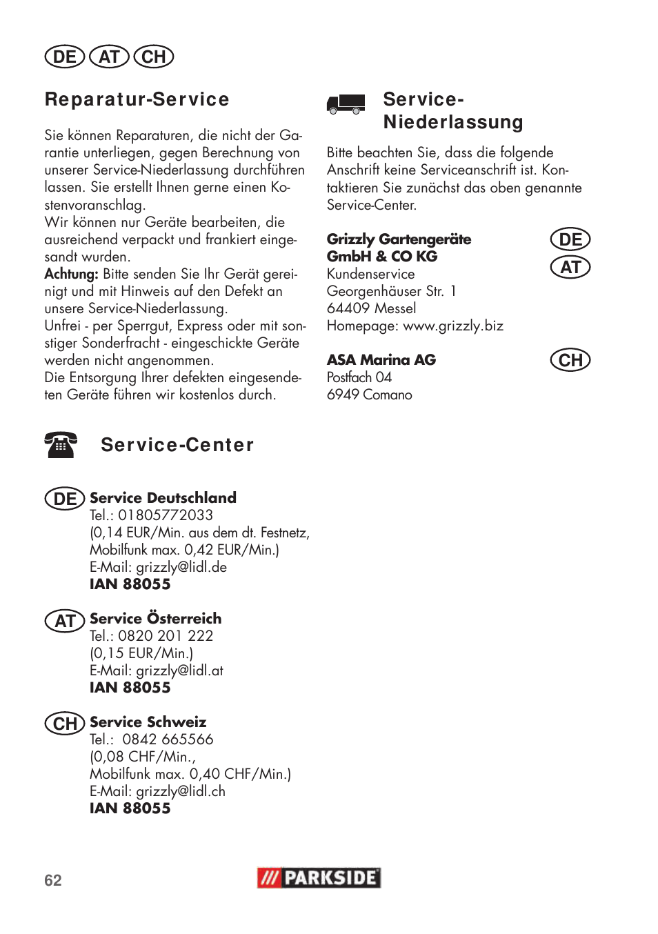 Re pa rat ur-se r vic e, Se r vic e -ce nt e r, Service- niederlassung | Parkside PHD 100 C2 User Manual | Page 62 / 69