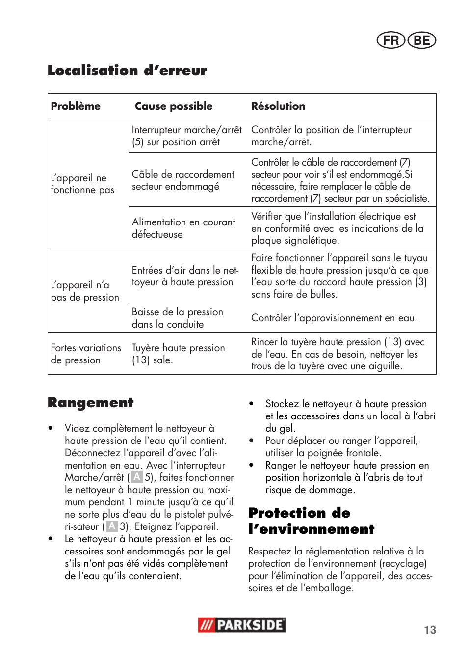 Localisation d’erreur, Rangement, Protection de l’environnement | Parkside PHD 100 C2 User Manual | Page 13 / 57