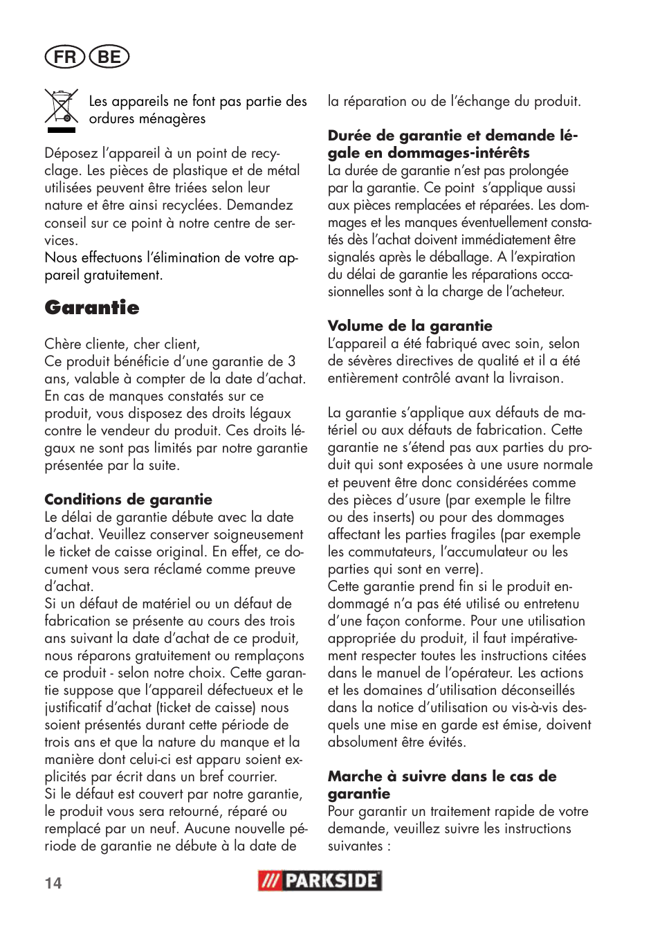 Garantie | Parkside PHD 100 C2 User Manual | Page 14 / 57