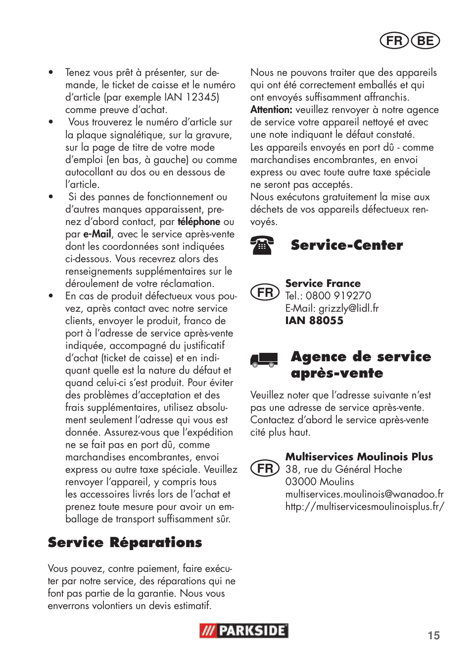 Service réparations, Service-center, Agence de service après-vente | Parkside PHD 100 C2 User Manual | Page 15 / 57