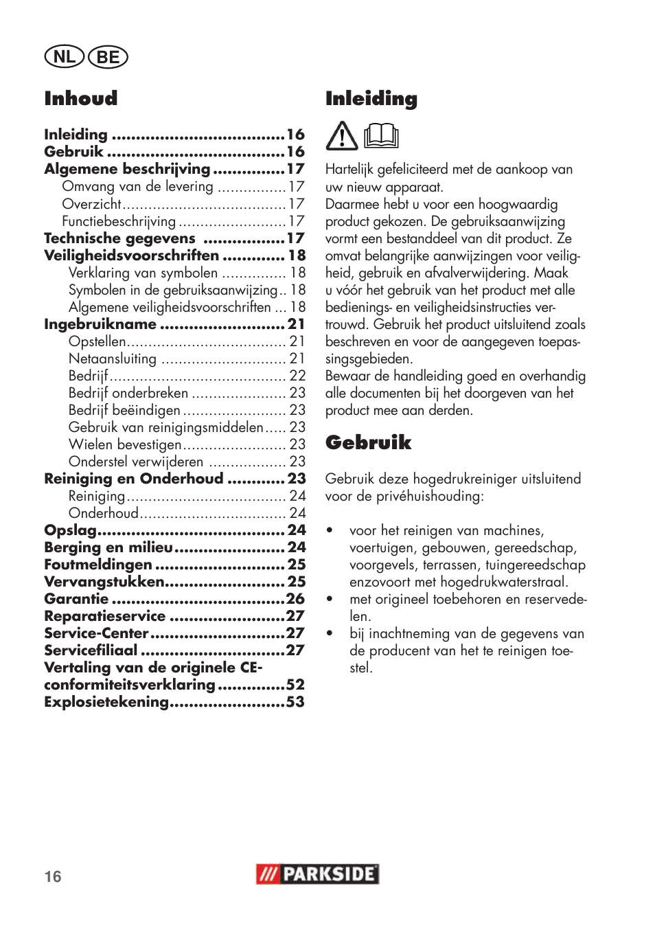 Inleiding, Gebruik, Inhoud | Parkside PHD 100 C2 User Manual | Page 16 / 57