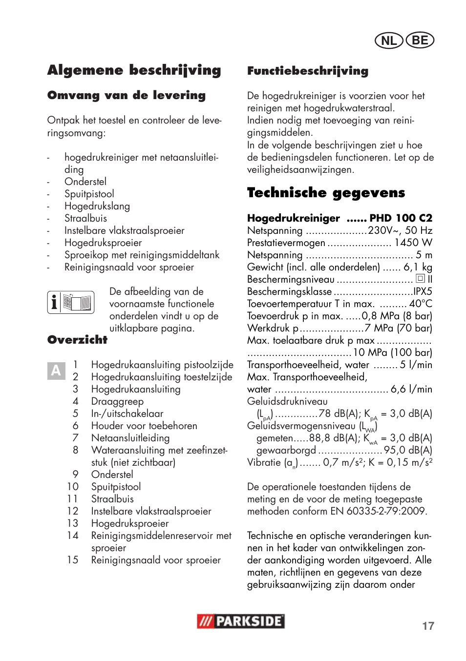 Technische gegevens, Algemene beschrjving, Be nl | Parkside PHD 100 C2 User Manual | Page 17 / 57