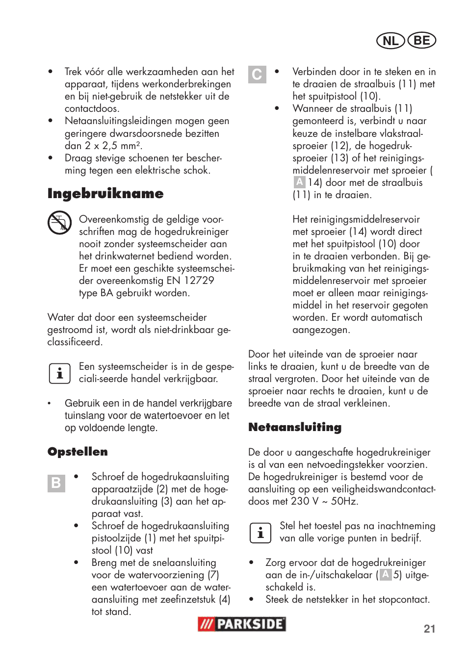 Ingebruikname | Parkside PHD 100 C2 User Manual | Page 21 / 57