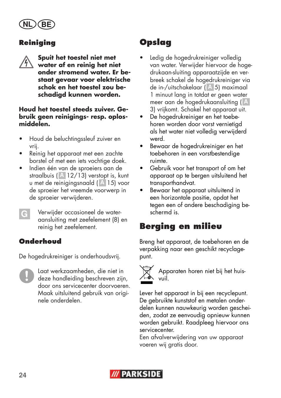 Opslag, Berging en milieu | Parkside PHD 100 C2 User Manual | Page 24 / 57