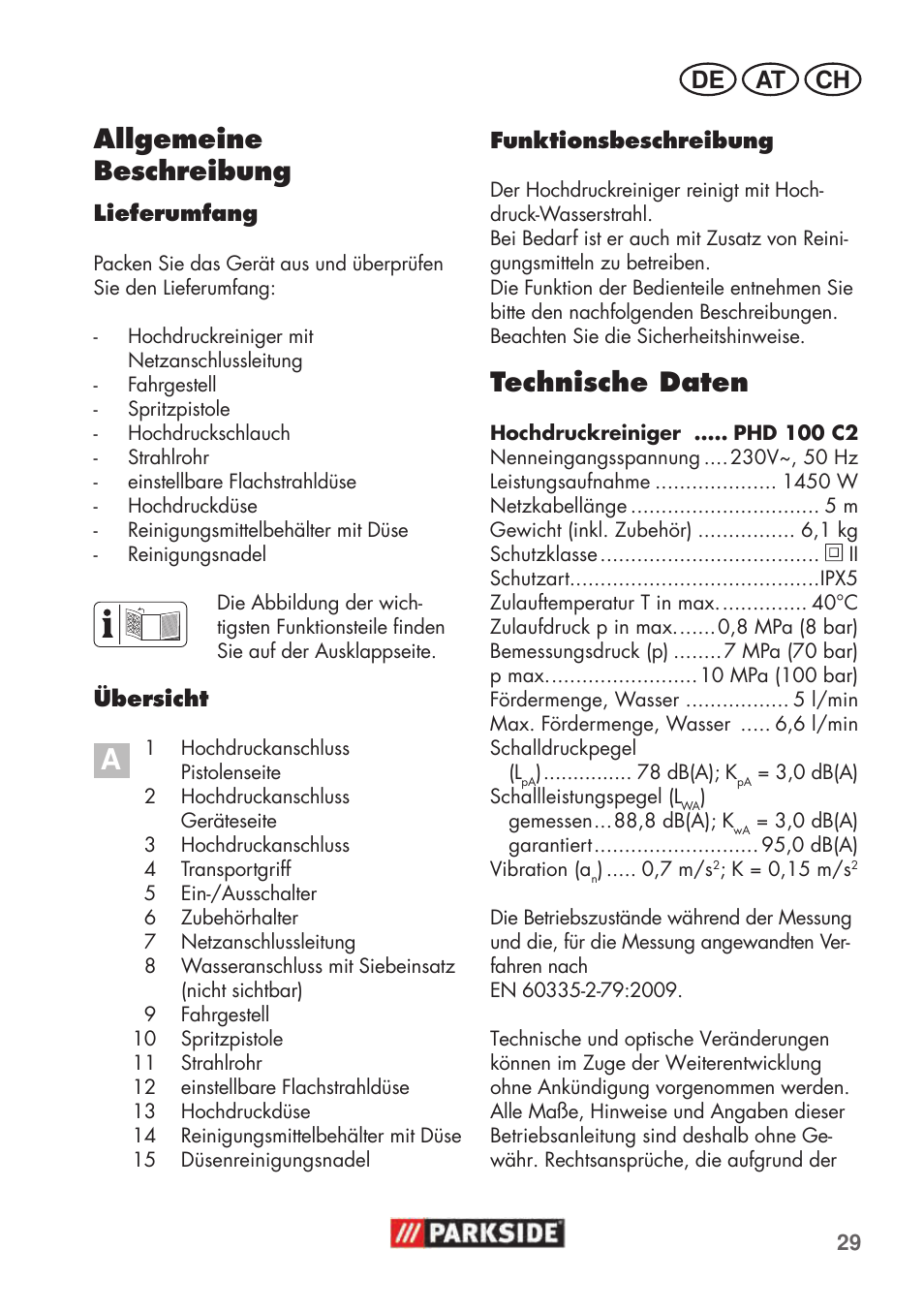 Technische daten, Allgemeine beschreibung, De at ch | Parkside PHD 100 C2 User Manual | Page 29 / 57