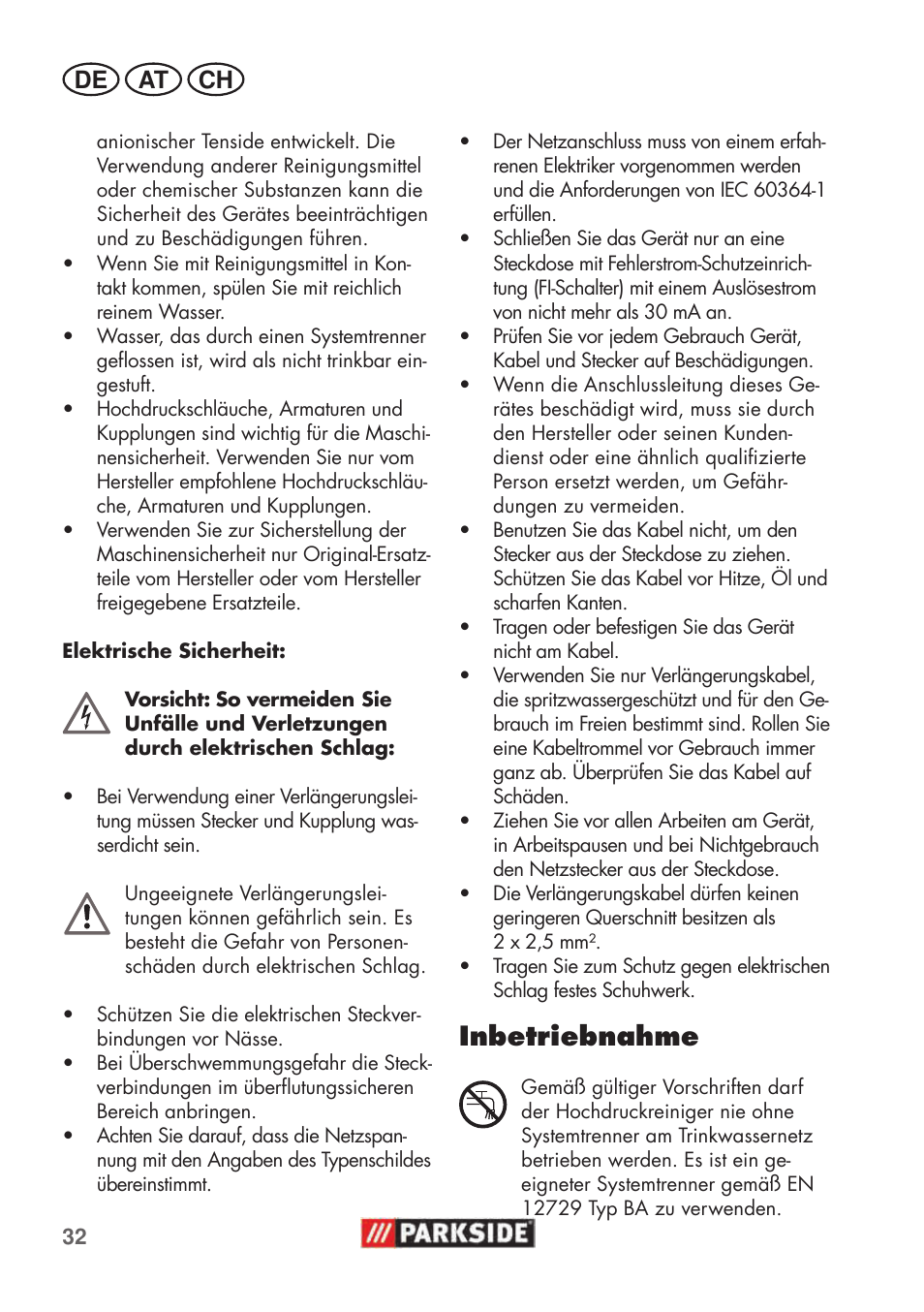 Inbetriebnahme, De at ch | Parkside PHD 100 C2 User Manual | Page 32 / 57