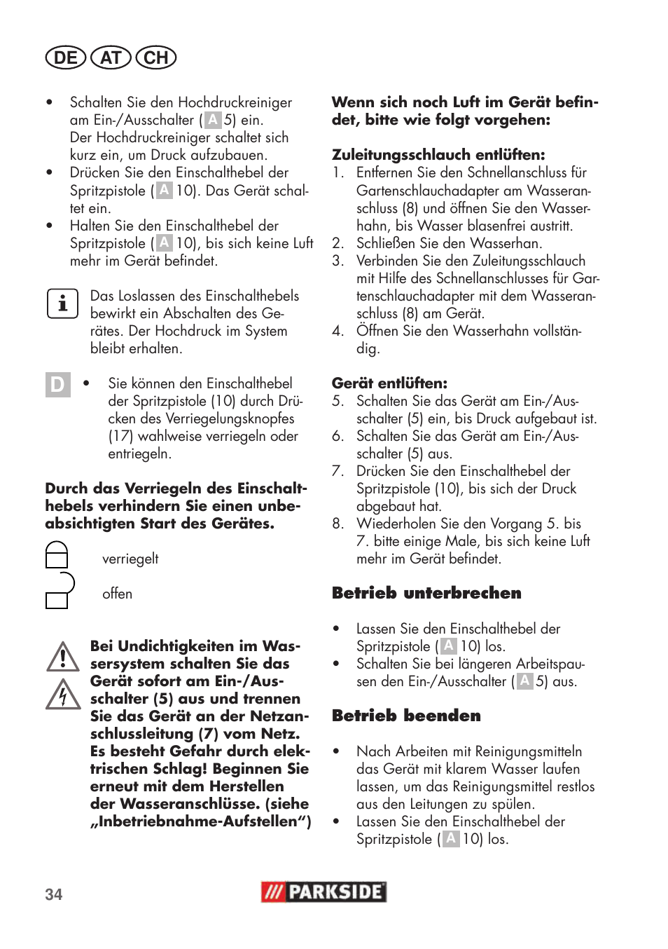 De at ch | Parkside PHD 100 C2 User Manual | Page 34 / 57