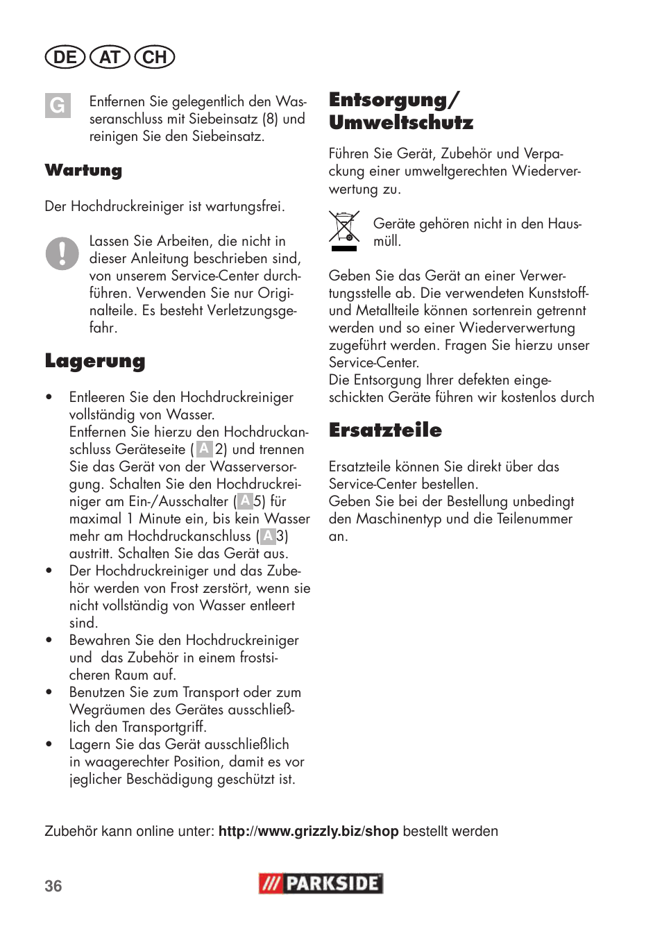 Lagerung, Entsorgung/ umweltschutz, Ersatzteile | Parkside PHD 100 C2 User Manual | Page 36 / 57