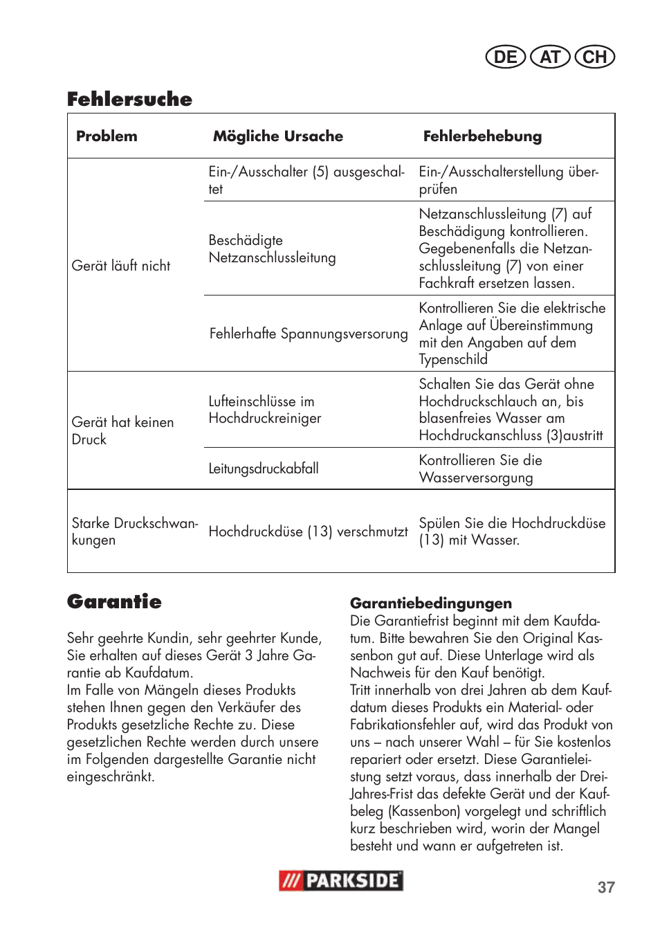 Fehlersuche, Garantie | Parkside PHD 100 C2 User Manual | Page 37 / 57