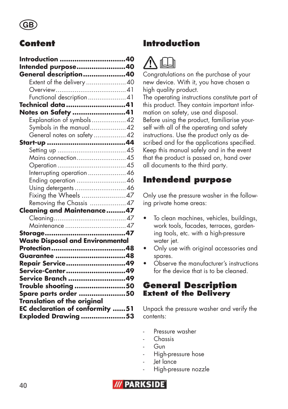 Introduction, Intendend purpose, General description | Content | Parkside PHD 100 C2 User Manual | Page 40 / 57