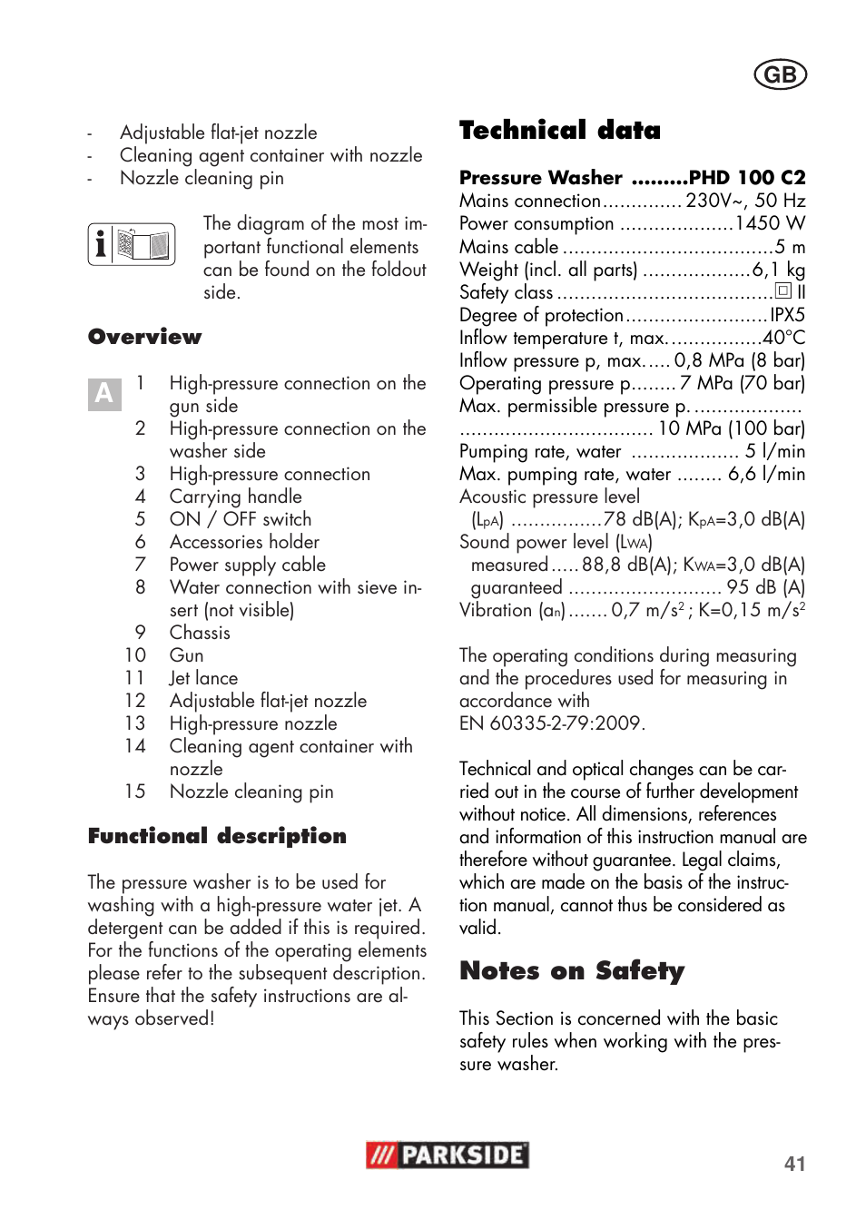 Technical data | Parkside PHD 100 C2 User Manual | Page 41 / 57