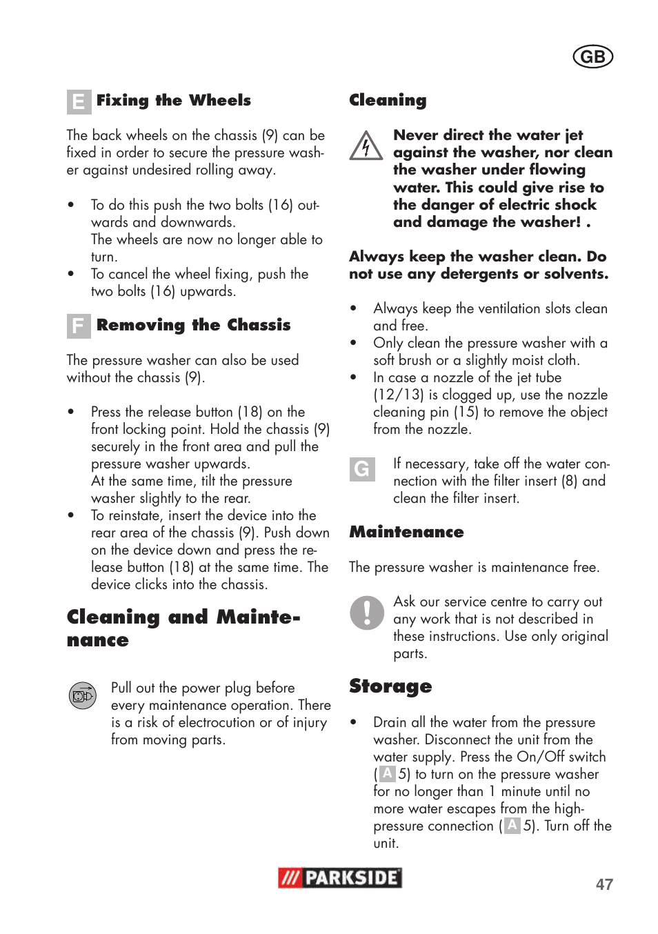 Cleaning and mainte- nance, Storage | Parkside PHD 100 C2 User Manual | Page 47 / 57