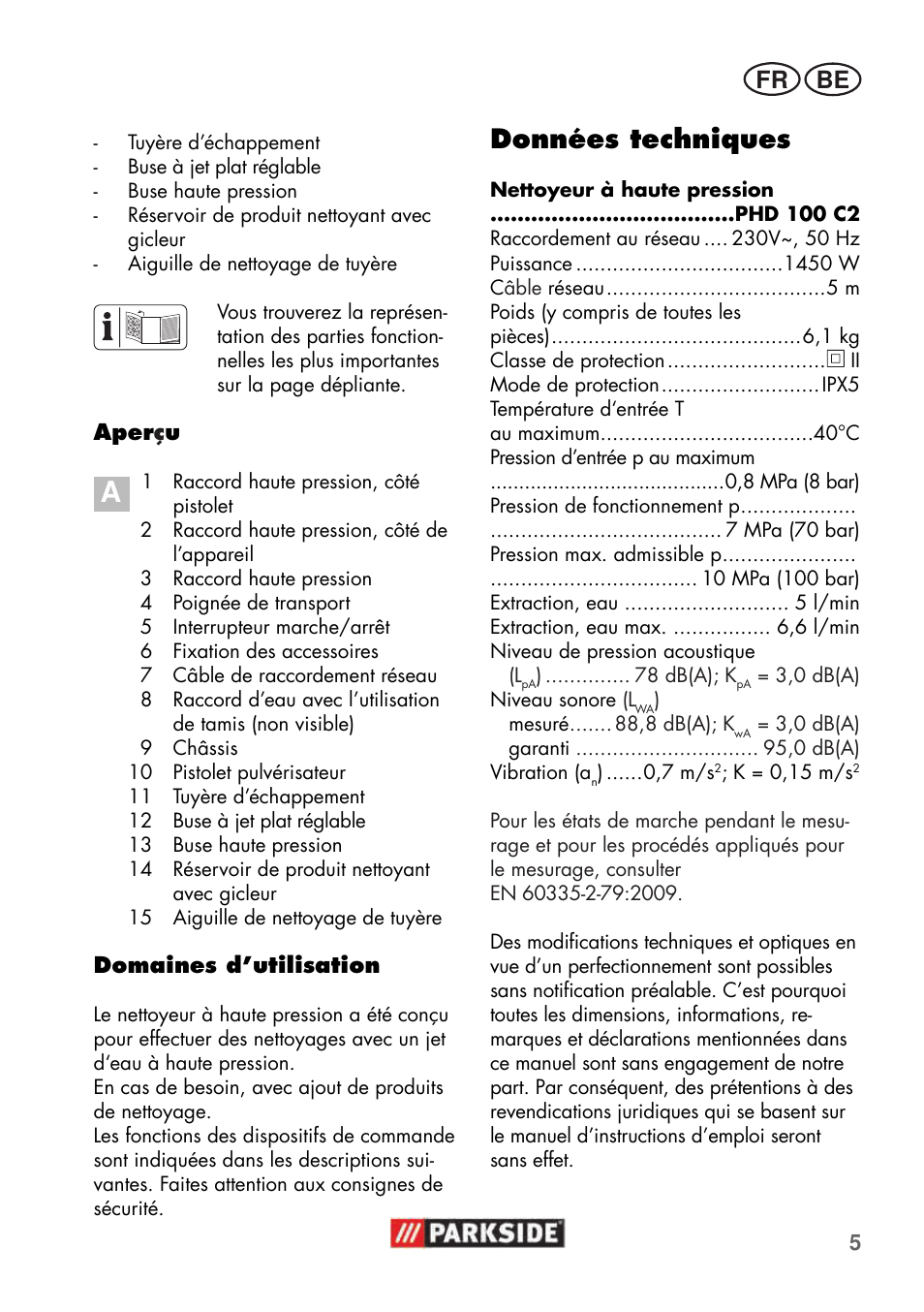 Données techniques, Be fr | Parkside PHD 100 C2 User Manual | Page 5 / 57