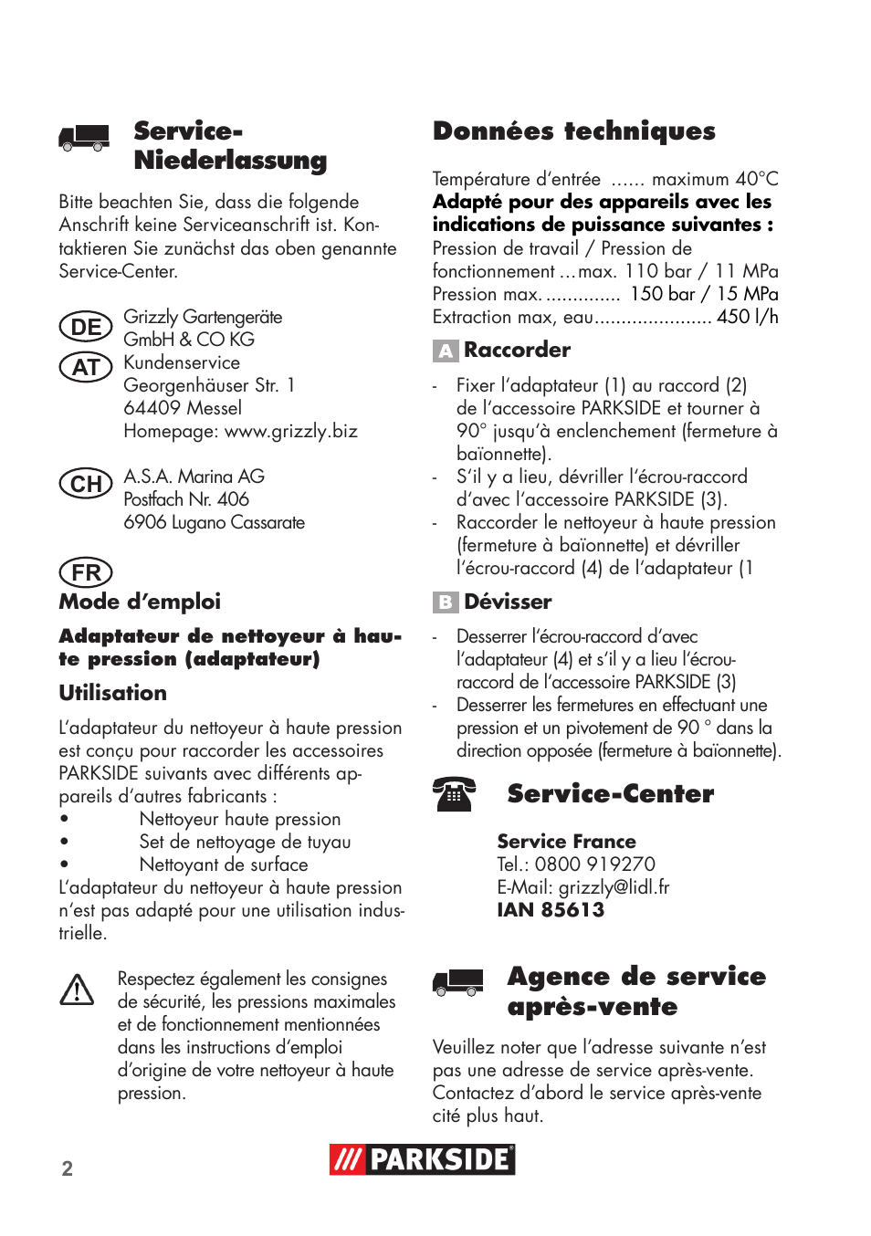 Service- niederlassung, Données techniques, Service-center | Agence de service après-vente | Parkside PRESSURE WASHER ADAPTOR User Manual | Page 2 / 4