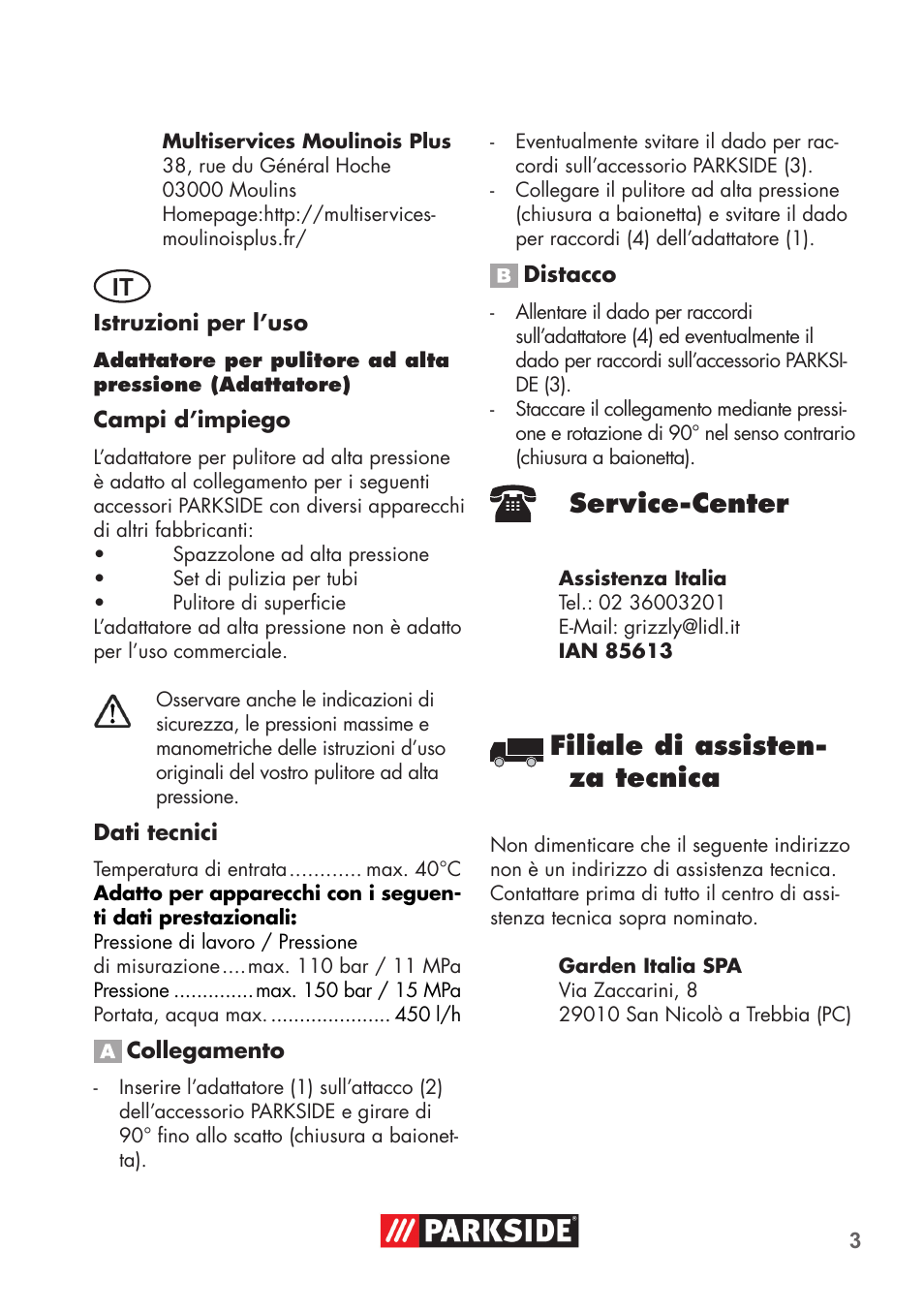 Service-center, Filiale di assisten- za tecnica | Parkside PRESSURE WASHER ADAPTOR User Manual | Page 3 / 4