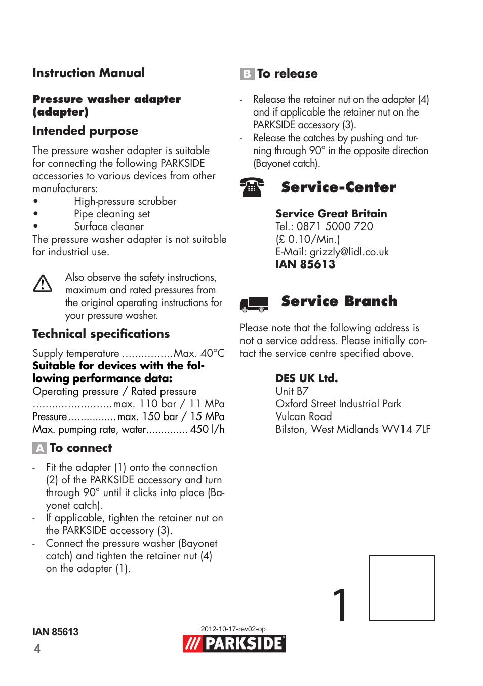 Service-center, Service branch | Parkside PRESSURE WASHER ADAPTOR User Manual | Page 4 / 4