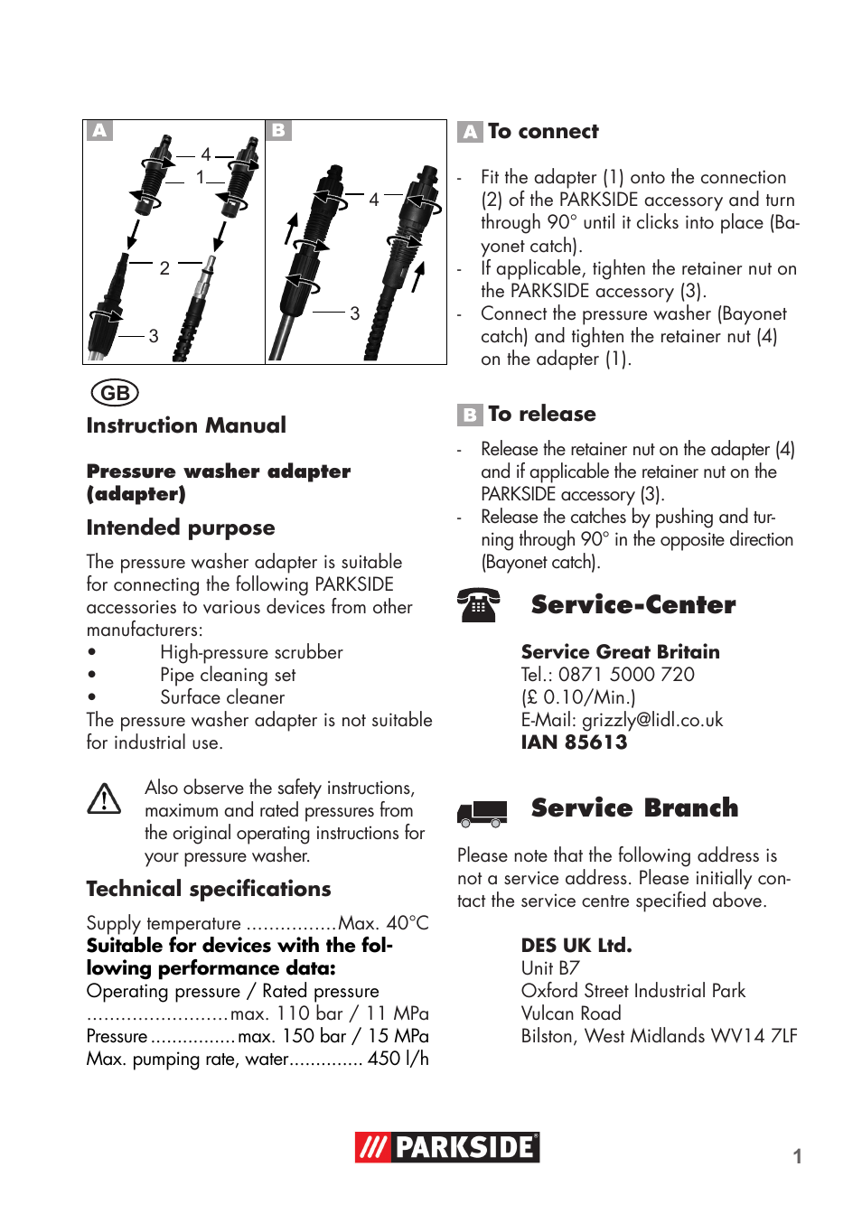 Parkside PRESSURE WASHER ADAPTOR User Manual | 12 pages