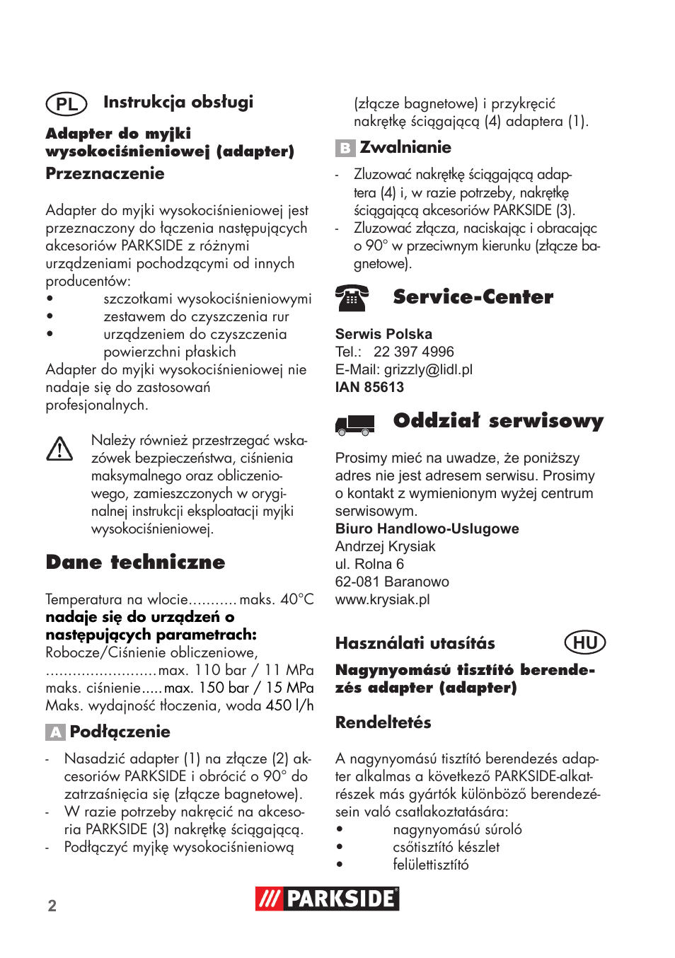 Dane techniczne, Service-center, Oddział serwisowy | Pl hu | Parkside PRESSURE WASHER ADAPTOR User Manual | Page 2 / 12