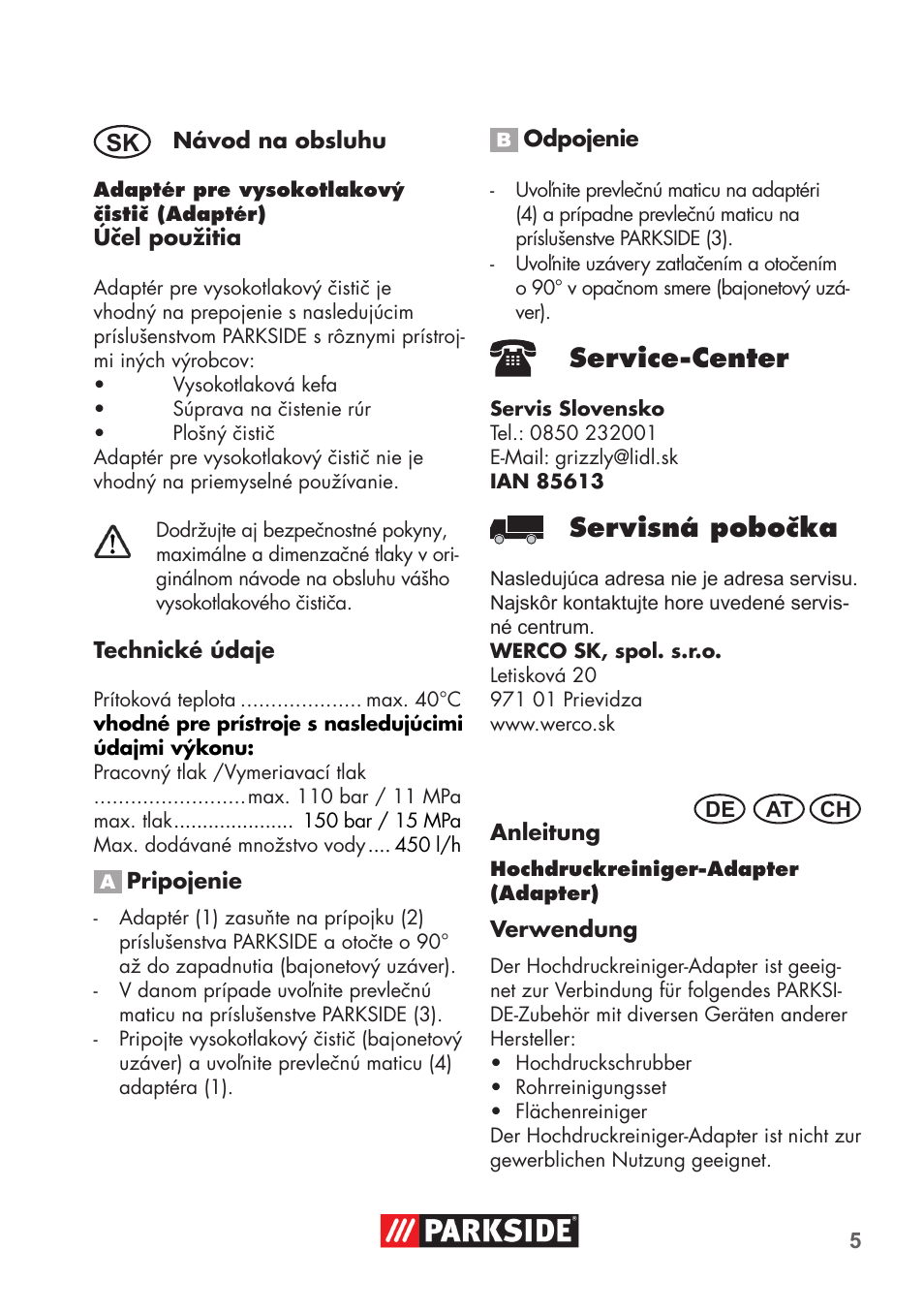 Service-center, Servisná pobočka | Parkside PRESSURE WASHER ADAPTOR User Manual | Page 5 / 12