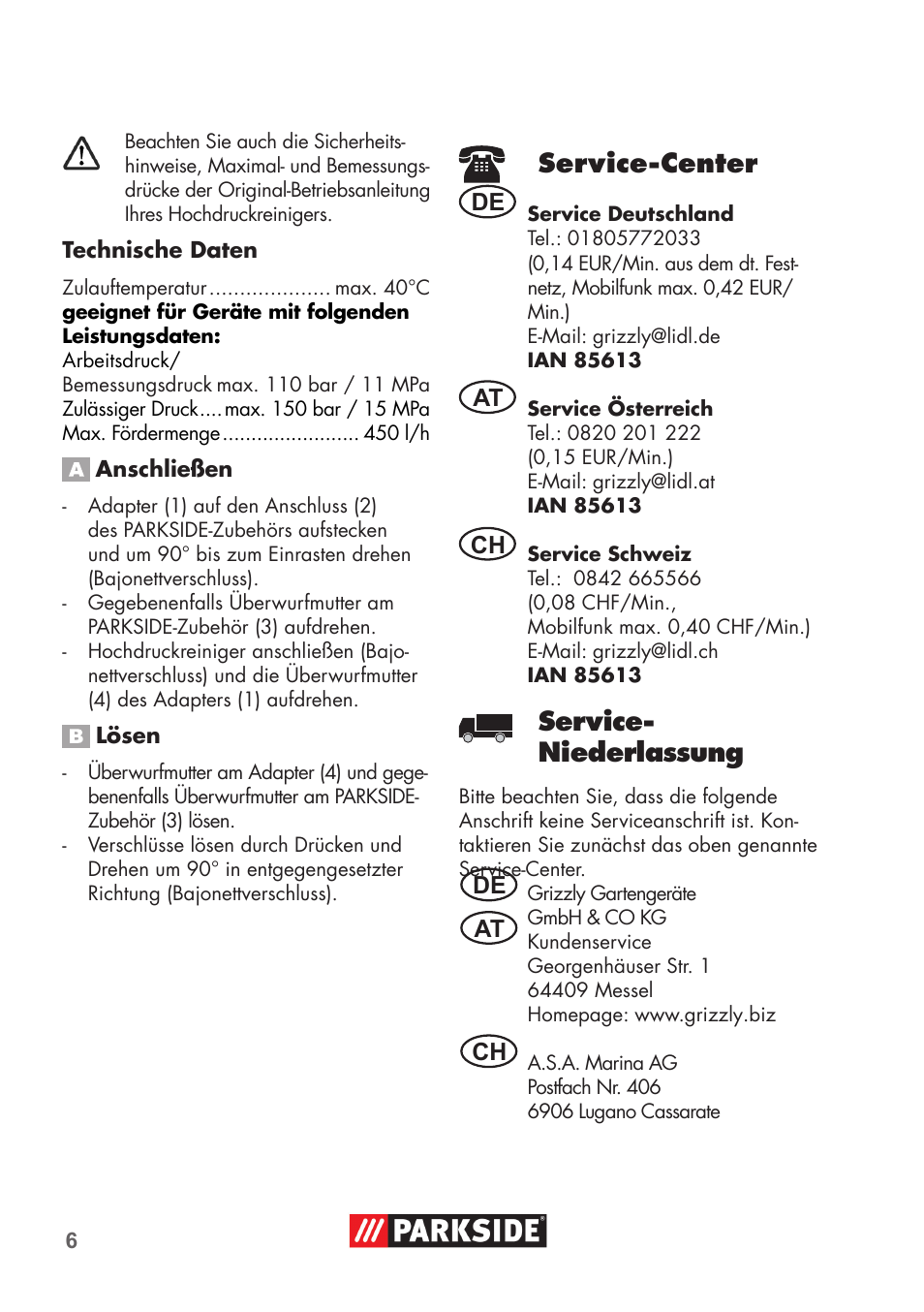 Service-center, Service- niederlassung | Parkside PRESSURE WASHER ADAPTOR User Manual | Page 6 / 12