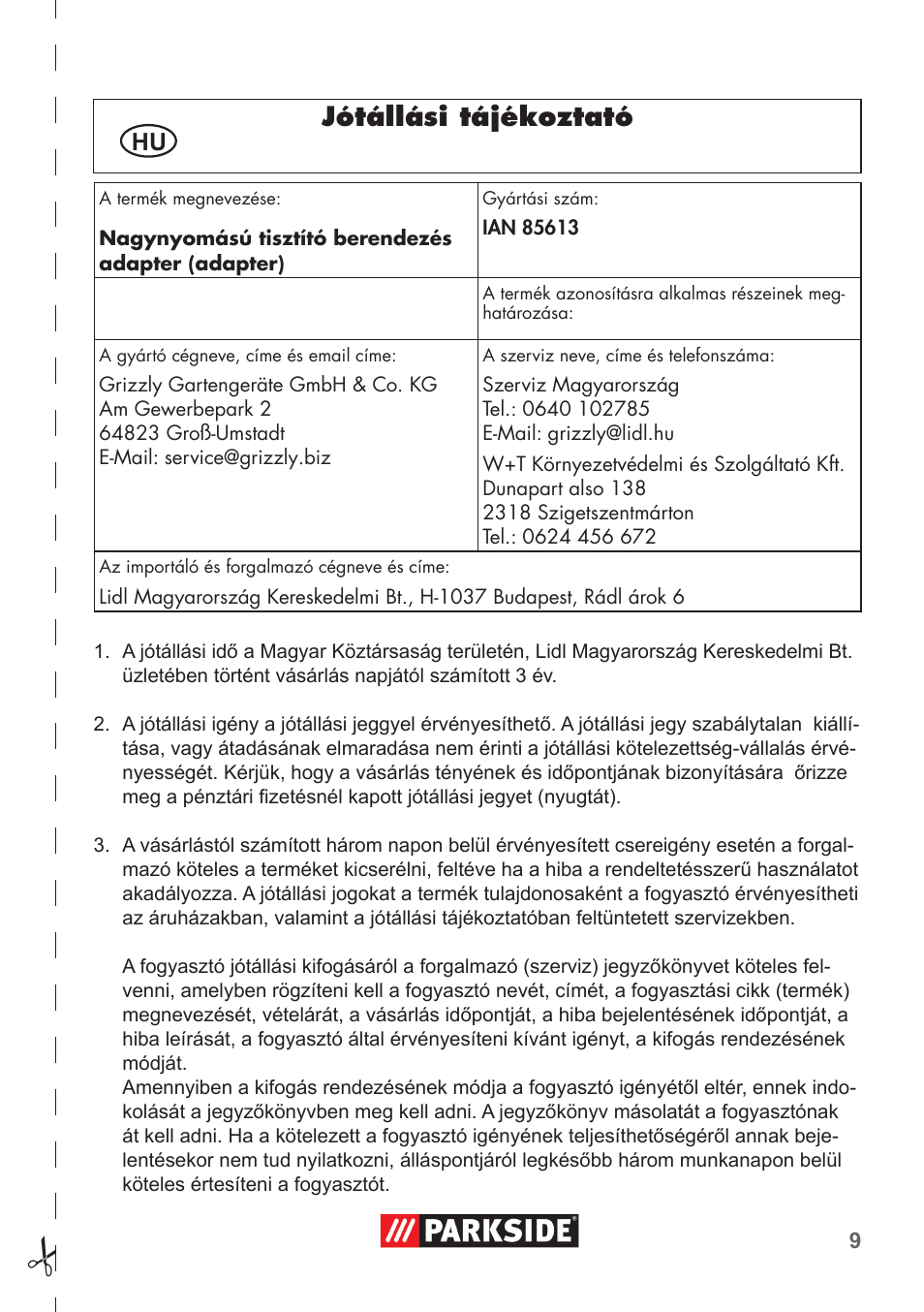 Jótállási tájékoztató | Parkside PRESSURE WASHER ADAPTOR User Manual | Page 9 / 12