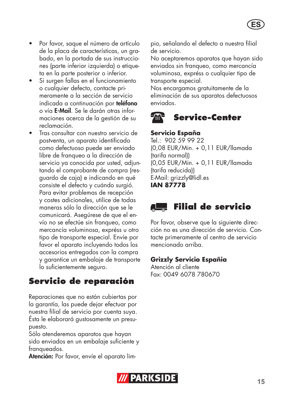 Servicio de reparación, Service-center, Filial de servicio | Parkside PNTS 1500 B2 User Manual | Page 15 / 64