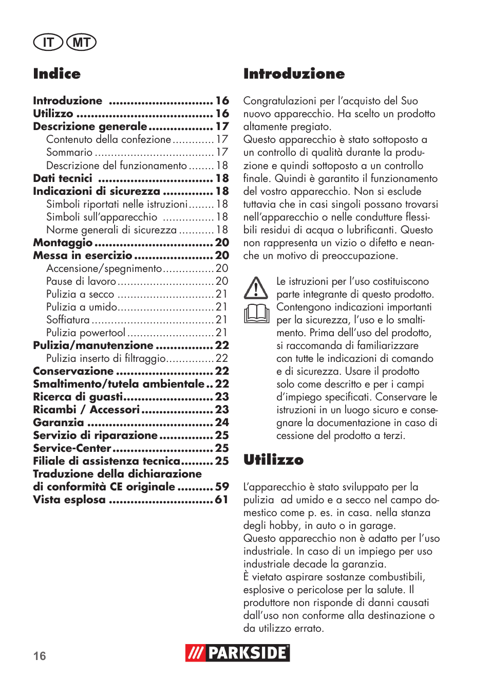 Indice, Introduzione, Utilizzo | It mt | Parkside PNTS 1500 B2 User Manual | Page 16 / 64