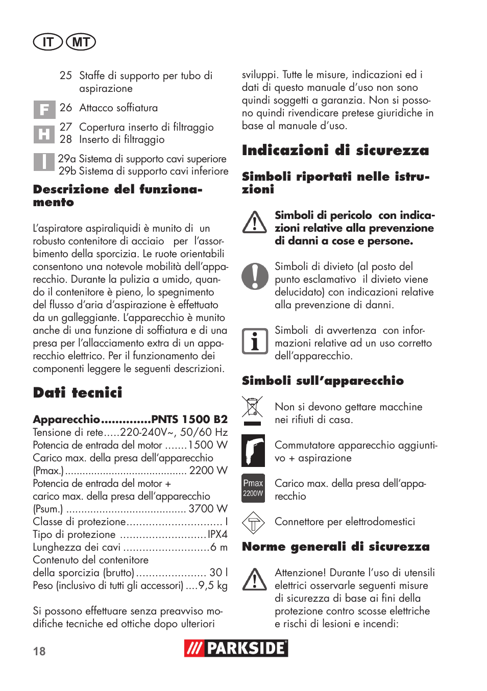 Dati tecnici, Indicazioni di sicurezza, It mt | Parkside PNTS 1500 B2 User Manual | Page 18 / 64