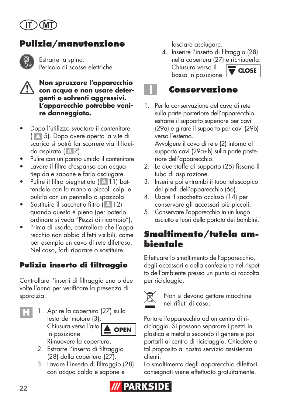 Pulizia/manutenzione, Conservazione, Smaltimento/tutela am- bientale | It mt | Parkside PNTS 1500 B2 User Manual | Page 22 / 64