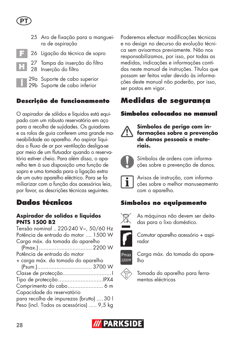 Dados técnicos, Medidas de segurança | Parkside PNTS 1500 B2 User Manual | Page 28 / 64
