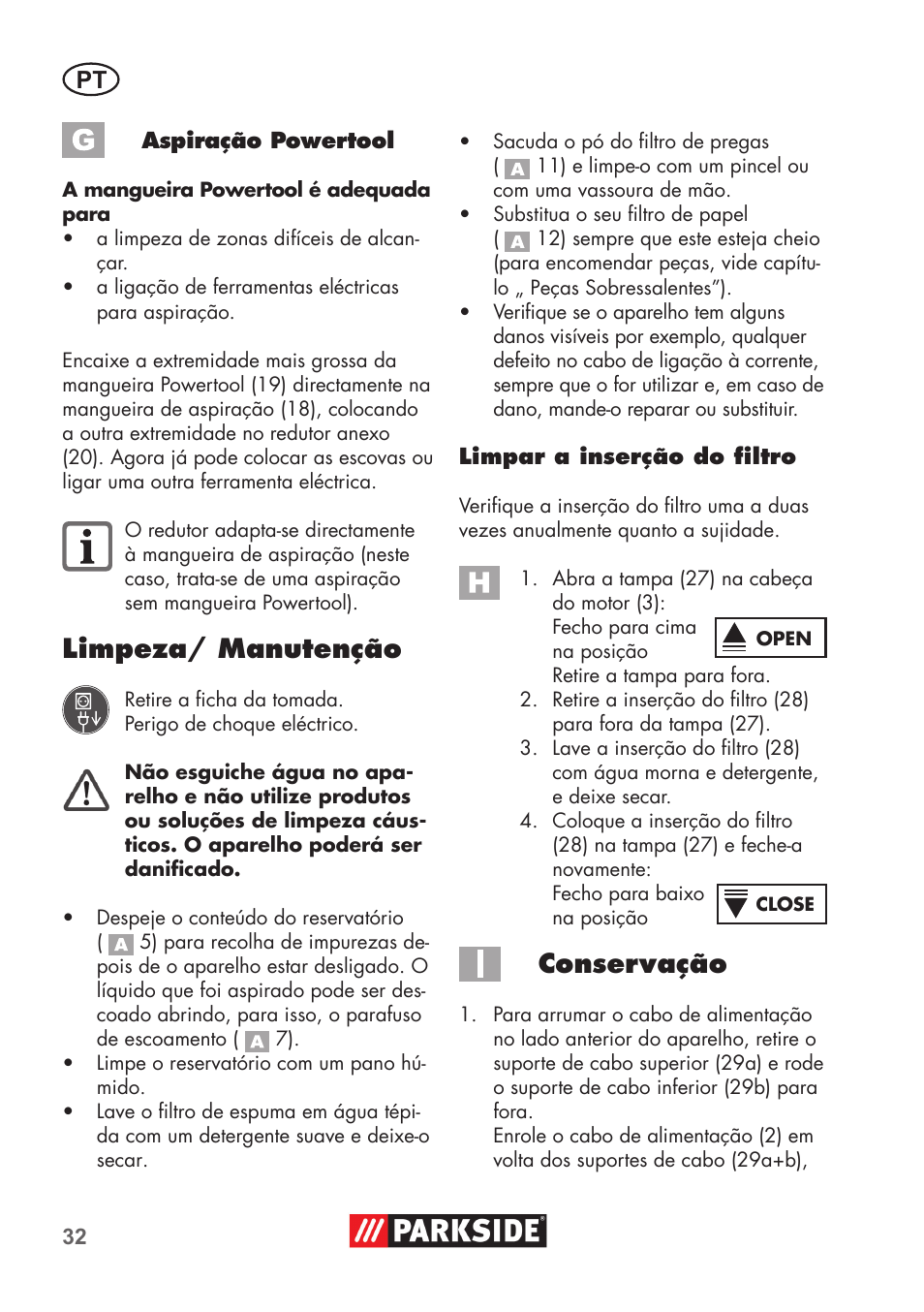 Limpeza/ manutenção, Conservação | Parkside PNTS 1500 B2 User Manual | Page 32 / 64