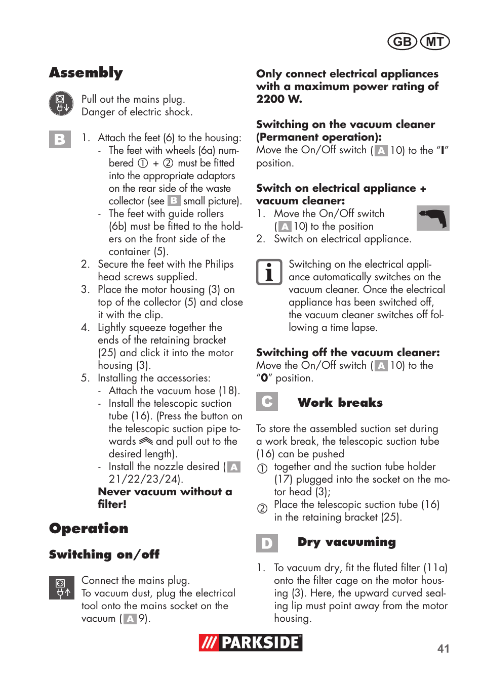 Assembly, Operation, Gb mt | Parkside PNTS 1500 B2 User Manual | Page 41 / 64