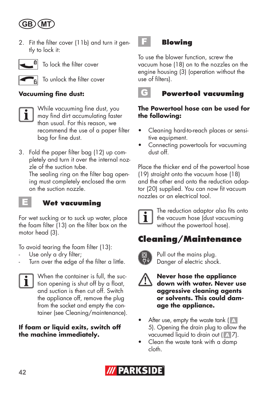 Cleaning/maintenance, Gb mt | Parkside PNTS 1500 B2 User Manual | Page 42 / 64