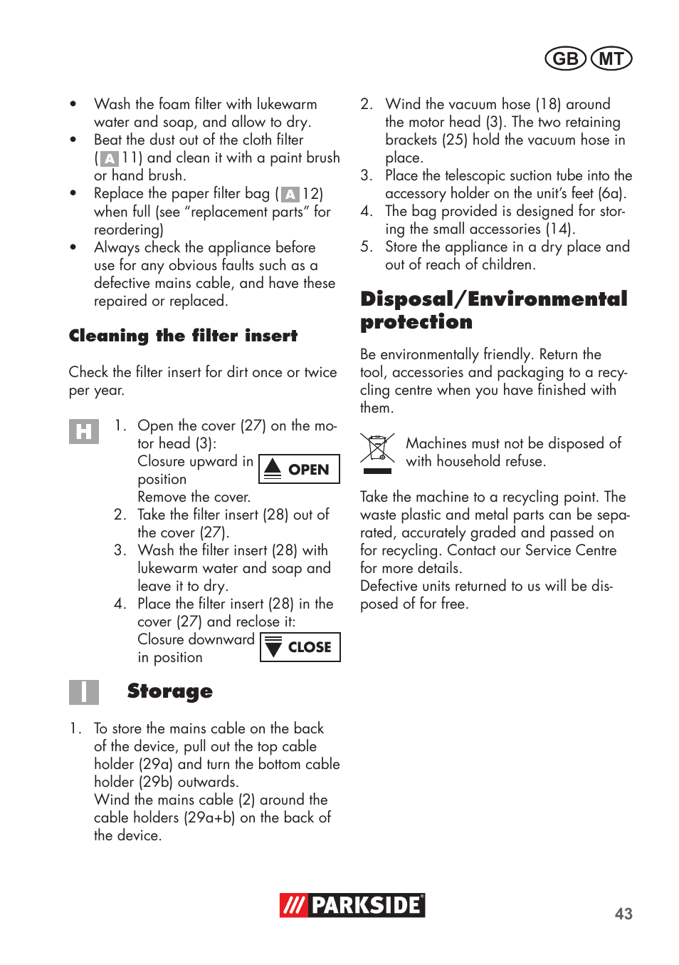 Storage, Disposal/environmental protection, Gb mt | Parkside PNTS 1500 B2 User Manual | Page 43 / 64