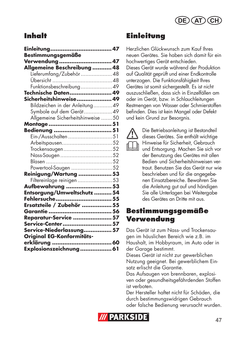 Inhalt, Einleitung, Bestimmungsgemäße verwendung | De at ch | Parkside PNTS 1500 B2 User Manual | Page 47 / 64