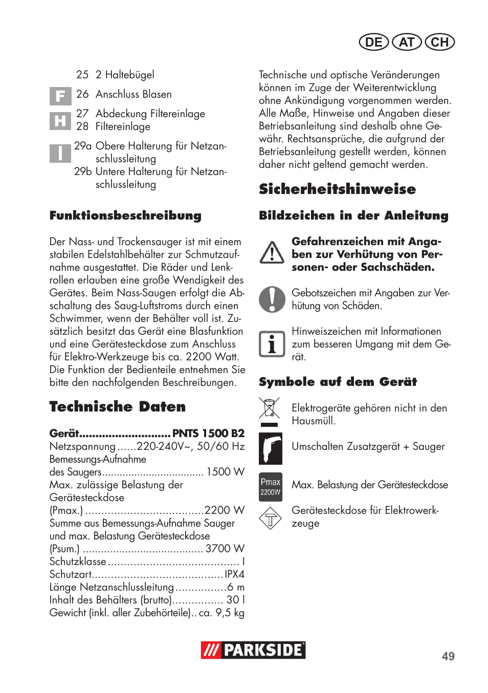 Technische daten, Sicherheitshinweise, De at ch | Parkside PNTS 1500 B2 User Manual | Page 49 / 64