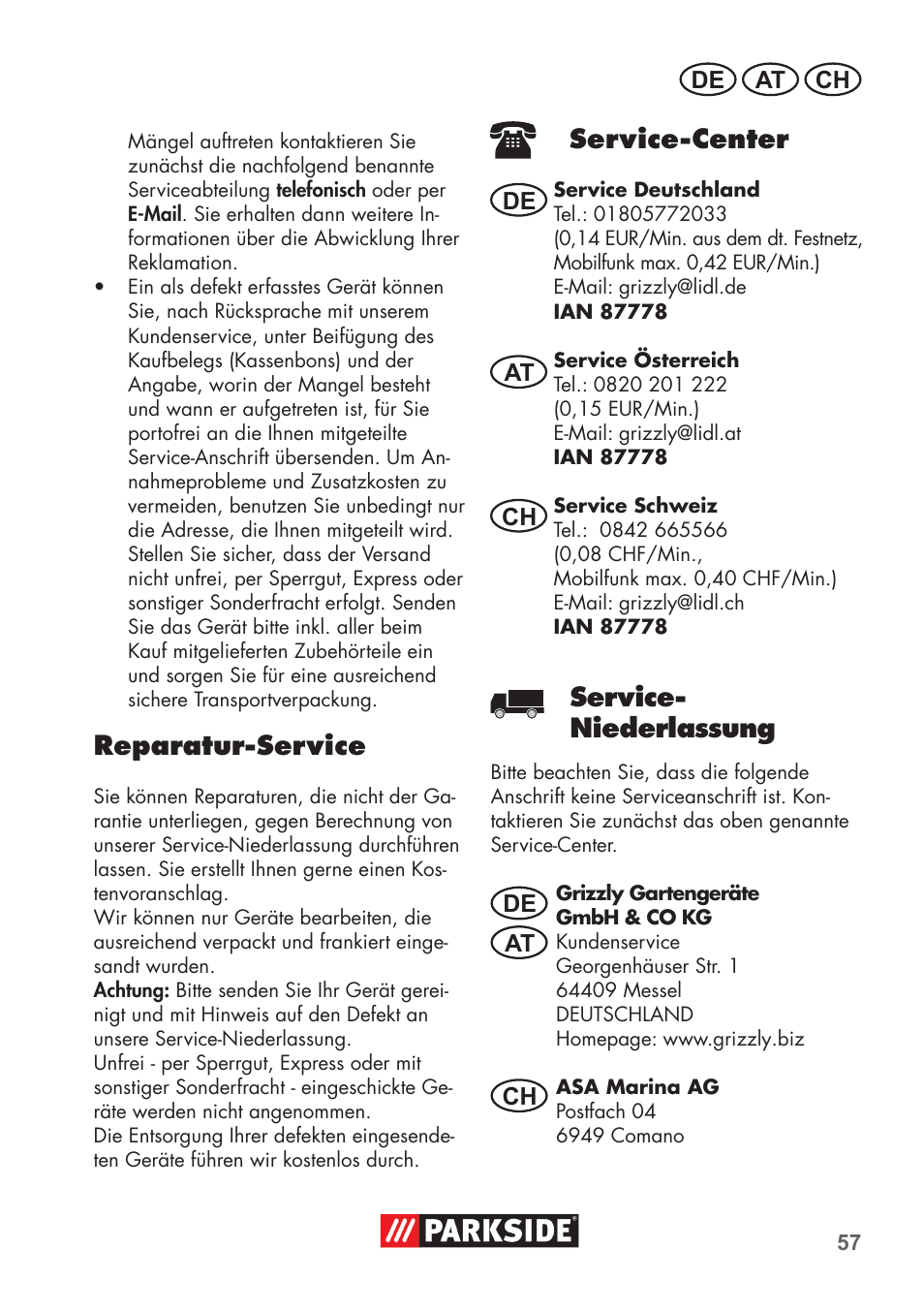 Reparatur-service, Service-center, Service- niederlassung | Parkside PNTS 1500 B2 User Manual | Page 57 / 64