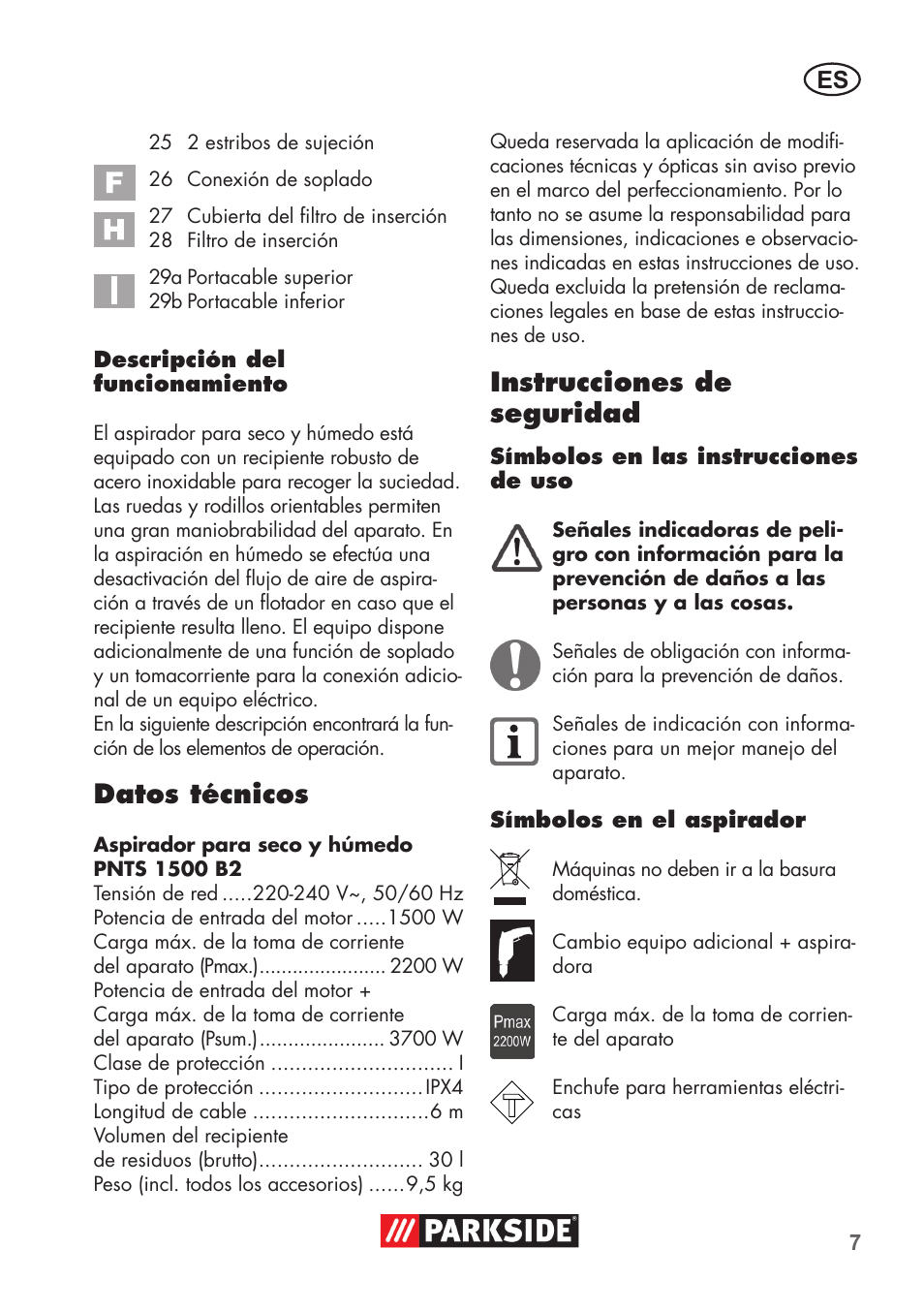 Datos técnicos, Instrucciones de seguridad | Parkside PNTS 1500 B2 User Manual | Page 7 / 64