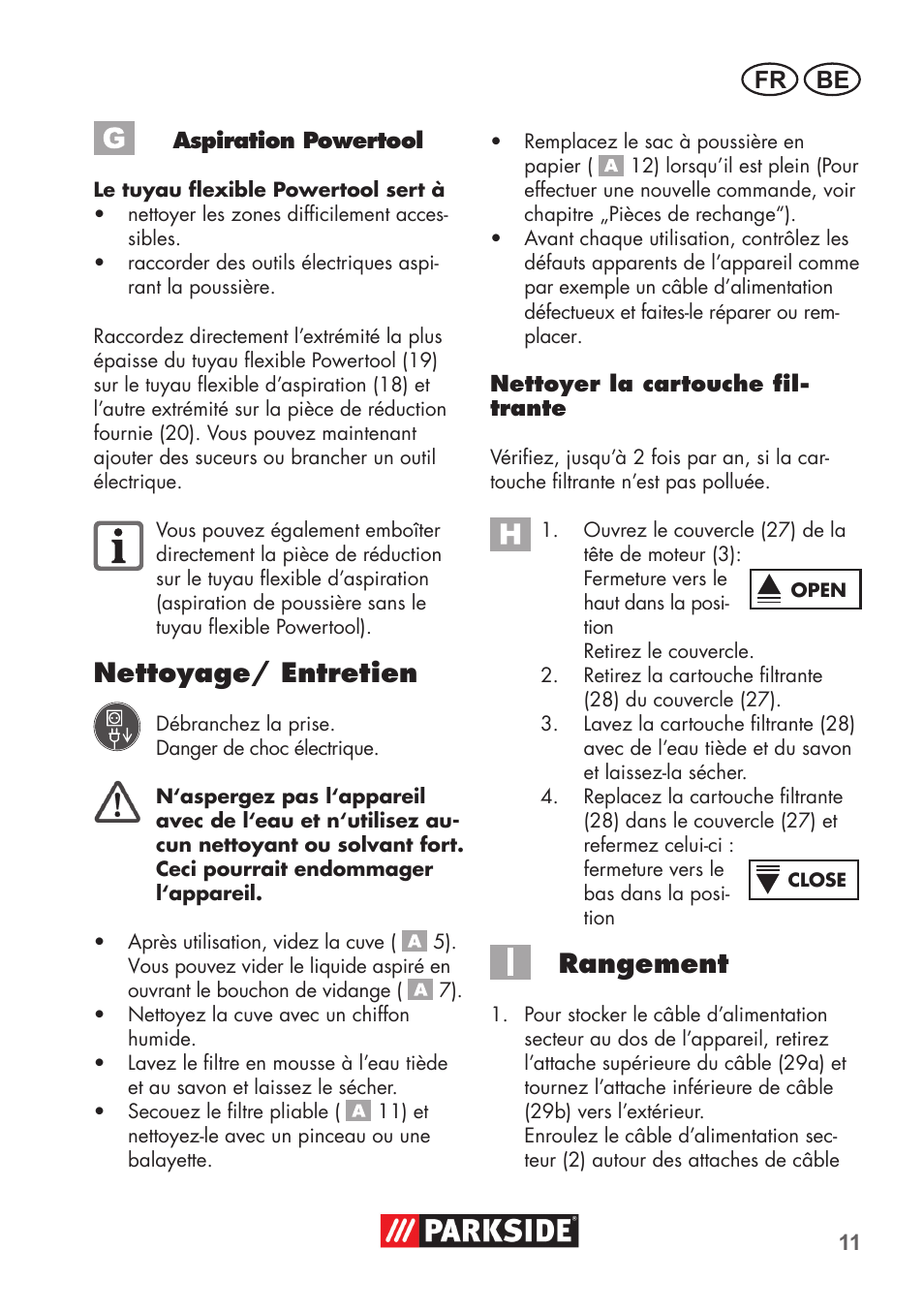 Nettoyage/ entretien, Rangement, Fr be | Parkside PNTS 1500 B2 User Manual | Page 11 / 52