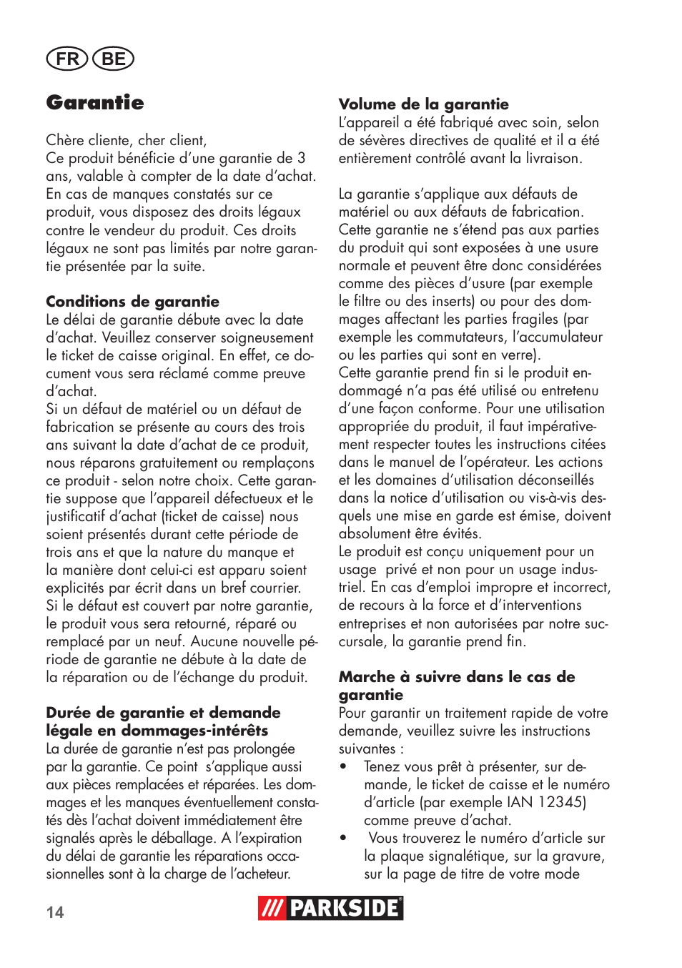 Garantie, Fr be | Parkside PNTS 1500 B2 User Manual | Page 14 / 52