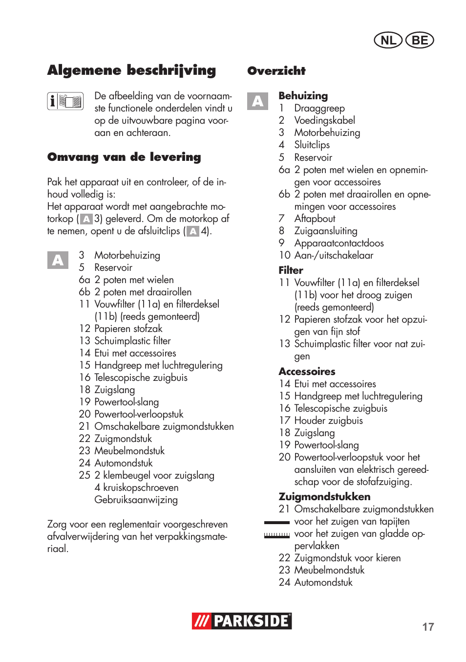 Algemene beschrijving, Be nl | Parkside PNTS 1500 B2 User Manual | Page 17 / 52