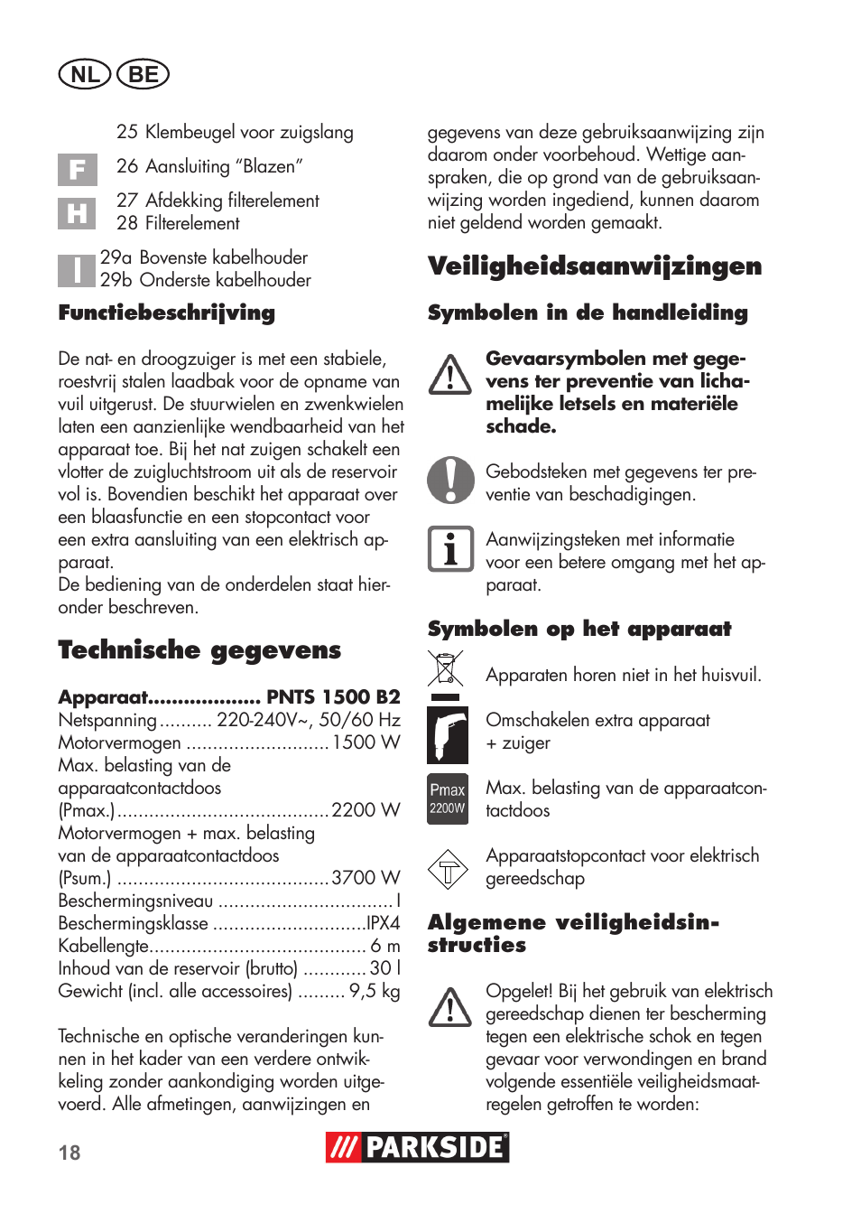 Technische gegevens, Veiligheidsaanwijzingen, Nl be | Parkside PNTS 1500 B2 User Manual | Page 18 / 52