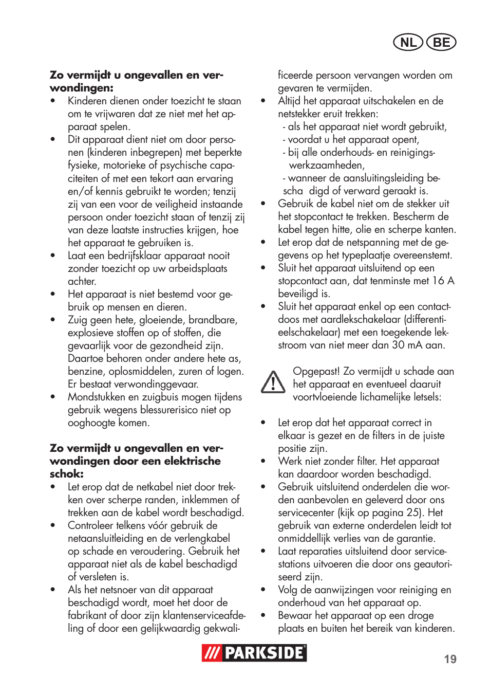 Be nl | Parkside PNTS 1500 B2 User Manual | Page 19 / 52