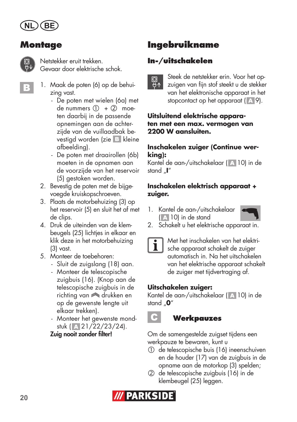 Montage, Ingebruikname | Parkside PNTS 1500 B2 User Manual | Page 20 / 52