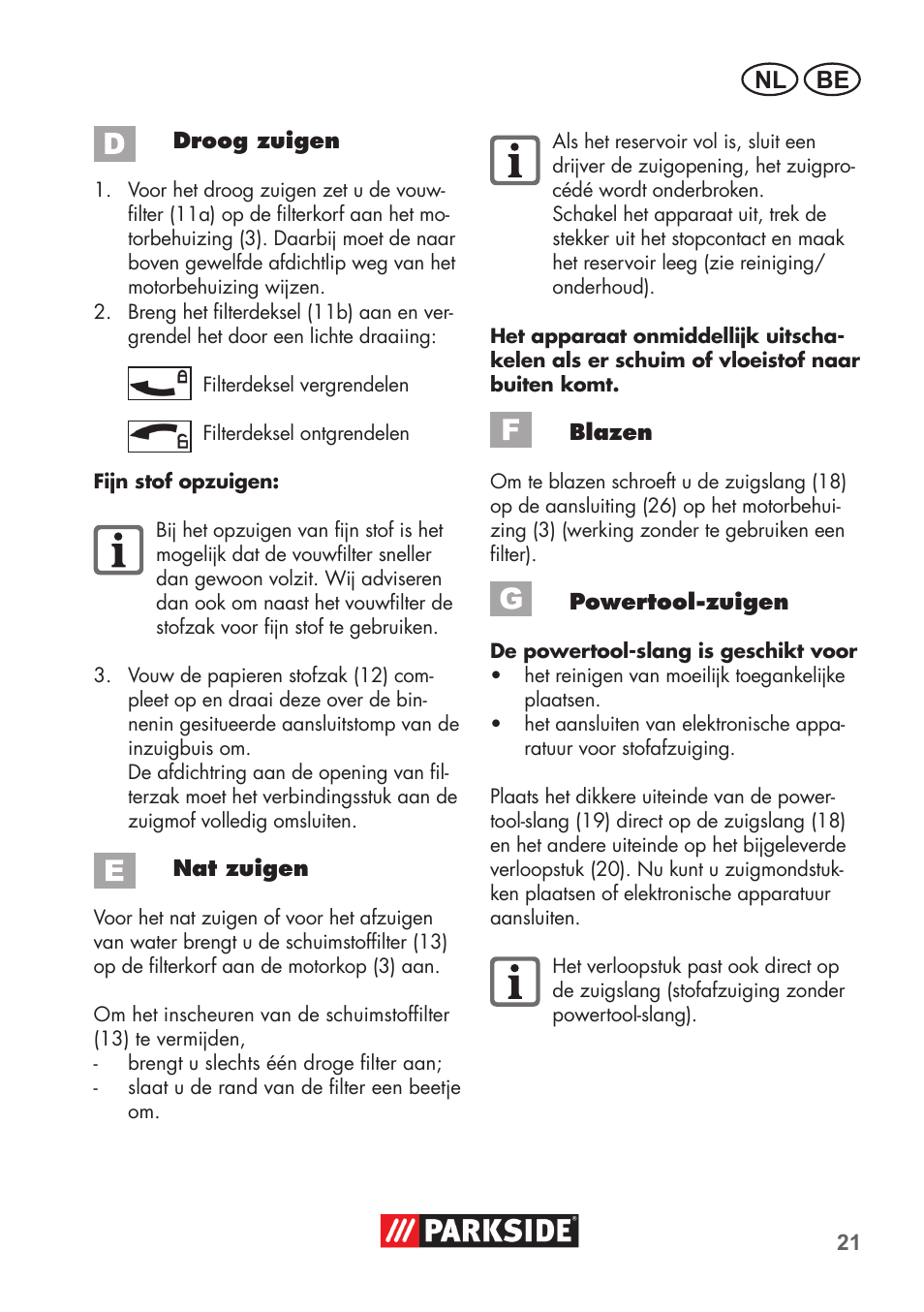 Be nl | Parkside PNTS 1500 B2 User Manual | Page 21 / 52