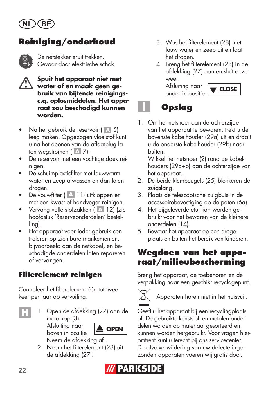 Reiniging/onderhoud, Opslag, Wegdoen van het appa- raat/milieubescherming | Nl be | Parkside PNTS 1500 B2 User Manual | Page 22 / 52