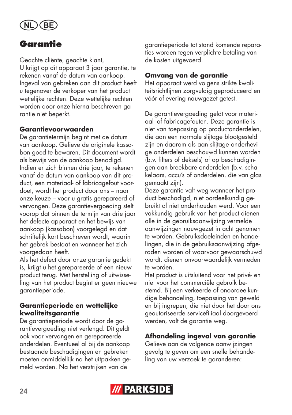Garantie, Nl be | Parkside PNTS 1500 B2 User Manual | Page 24 / 52