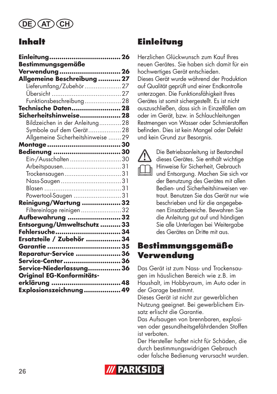 Inhalt, Einleitung, Bestimmungsgemäße verwendung | De at ch | Parkside PNTS 1500 B2 User Manual | Page 26 / 52