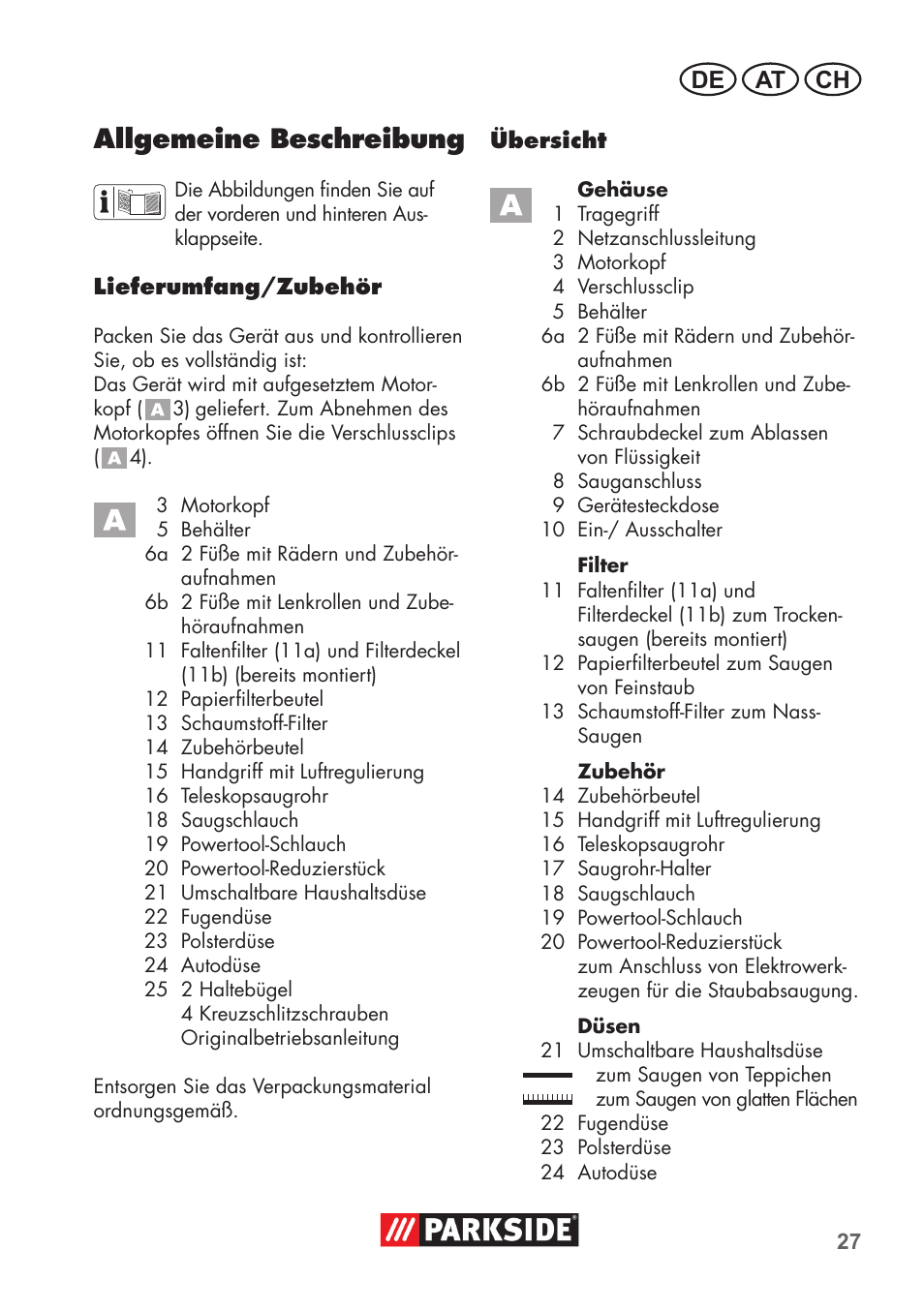 Allgemeine beschreibung, De at ch | Parkside PNTS 1500 B2 User Manual | Page 27 / 52