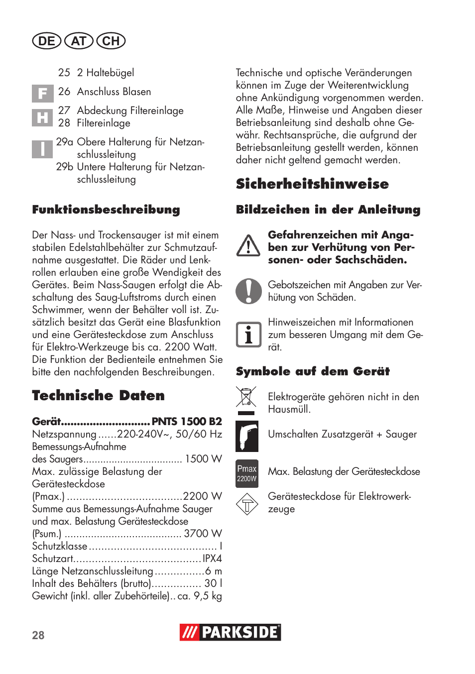 Technische daten, Sicherheitshinweise, De at ch | Parkside PNTS 1500 B2 User Manual | Page 28 / 52